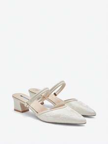 Eladyva New Arrival Pointed Toe Embroidered Double-Purpose High Heels Chunky Heel Slippers Sandals,Elegant,Mule,Elegant,Summer Outfits - Beige - View 4