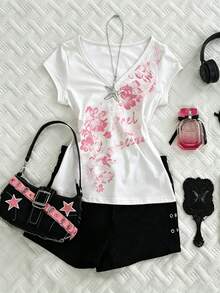 INAWLY 女款 Y2K 90年代風花卉印花 V 領修身 T-shirt 時尚上衣 夏季日常約會穿搭 白色與粉色 - 彩色 - 查看 1