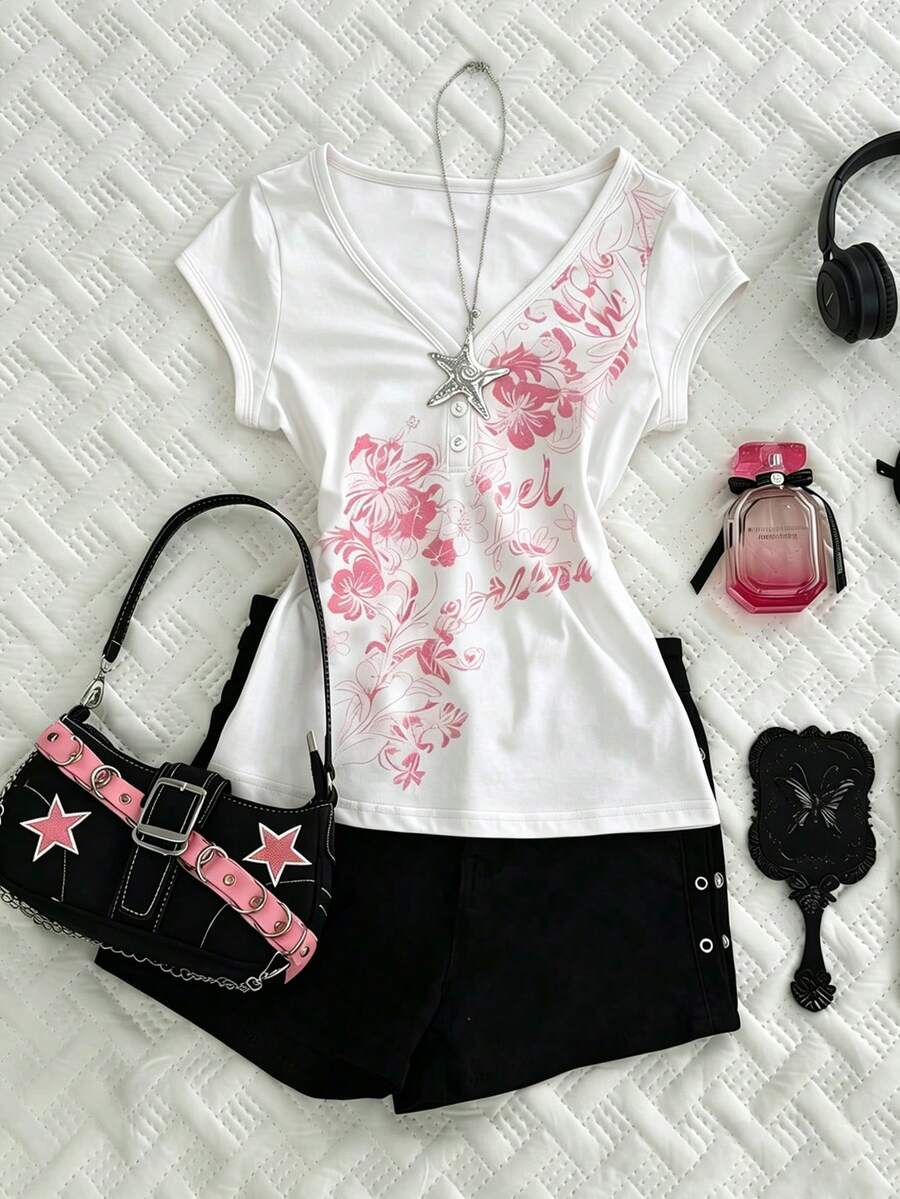 INAWLY 女款 Y2K 90年代風花卉印花 V 領修身 T-shirt 時尚上衣 夏季日常約會穿搭 白色與粉色 - 彩色 - 查看 1