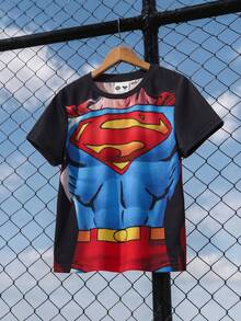SUPERMAN X SHEIN 1pc Fun Casual Style Young Boy T-Shirt Top, Crew Neck Short Sleeve Comfortable Toddler T-Shirt, Collaboration Toddler T-Shirt - Multicolor - View 2