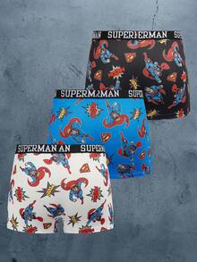 SUPERMAN X SHEIN Men's Cartoon Print Comfortable Casual Boxer Shorts - Black and White - View 2