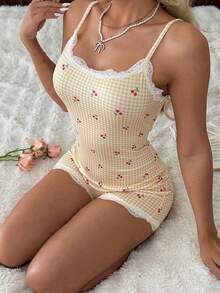 CottageSlumber Sexy Comfortable Lace Patchwork Women's Fitted Camisole Jumpsuit Pajamas - Yellow - View 3