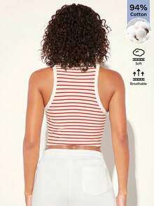 SHEIN BASICS Women's Striped Colorblock Fitted Versatile Daily Outing Top - Red - View 5