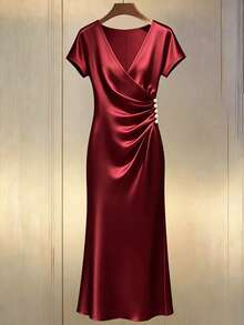Franclia Plus Size Women Elegant Ruched Pearl Button Decor Short Sleeve Fishtail Dress, Spring/Summer Cocktail Burgundy - Red - View 3