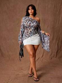 Rustia Plus Size Women's Leopard Print Asymmetric Neck Ruched Casual Versatile Daily Outing Top Fall - Blue - View 3
