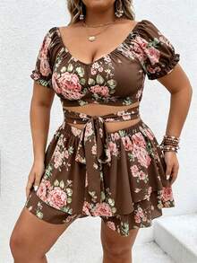 Vionelle Plus Size Women's Floral Print Short Top And Skort 2-Piece Set - Brown - View 5