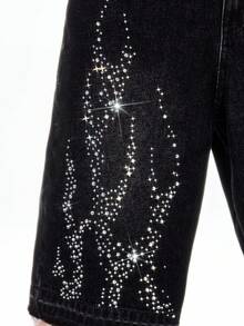 ROMWE MEN Street Life Men's Rhinestone Embellished Relaxed Straight Leg Cropped Jeans, Versatile - Black - View 2
