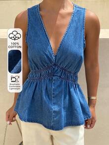 DAZY Blusa vaquera de mujer con cuello en V, tirantes anchos y volantes, adecuada para primavera y verano - Azul - Ver 1