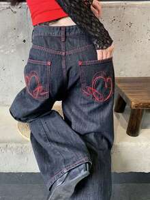 DAZY Women's Loose Wide Leg Denim Jeans With Pockets, Dark Red Summer Street Style Y2k, Back-To-School School - Blue - View 8