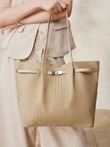 MOTF WOMEN'S FASHION APRICOT TOTE BAG, EXQUISITE STRAPS, RETRO WOVEN EMBOSSED MATERIAL SHOULDER BAG, LARGE CAPACITY COMMUTER BAG - Apricot - View 7