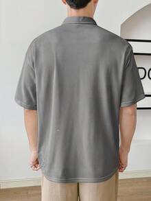 SWAVVY Men's Loose Fit Quarter-Zip Pocket Patchwork Dropped Shoulder Polo Shirt - Dark Grey - View 3