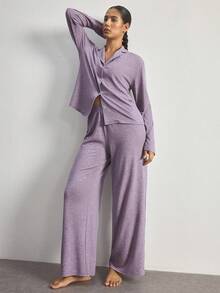 Ocili Soft Floral Print Pajama Set With Collar, Long Sleeve Top And Pants For Women - Purple - View 7