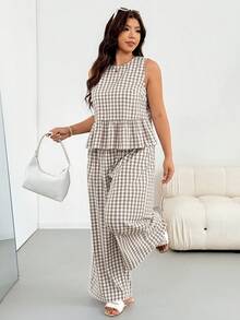 Shapeblank Plus Size Women's Plaid Ruffle Hem Sleeveless Shirt And Pants Casual Two Pieces Set - Khaki - View 4