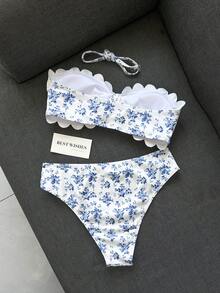 Swim Mod 女款泳衣，女孩，鏤空荷葉邊，花瓣邊飾平口式，甜美可愛，碎花圖案，紋理羅紋布料 - 彩色 - 查看 2