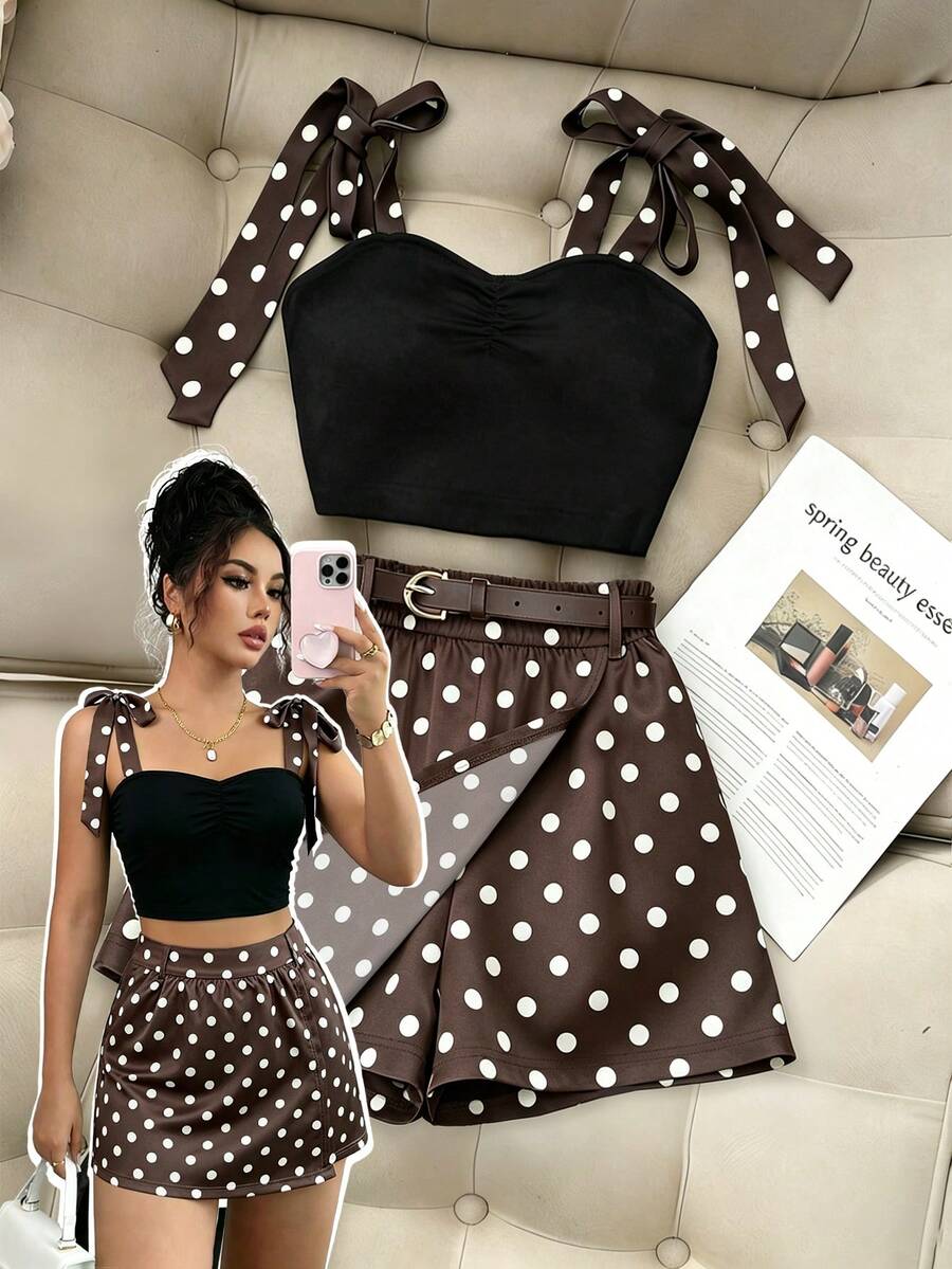 SHEIN Franclia 女款短版吊帶上衣與波點印花裙褲兩件套 - 咖啡棕 - 查看 1