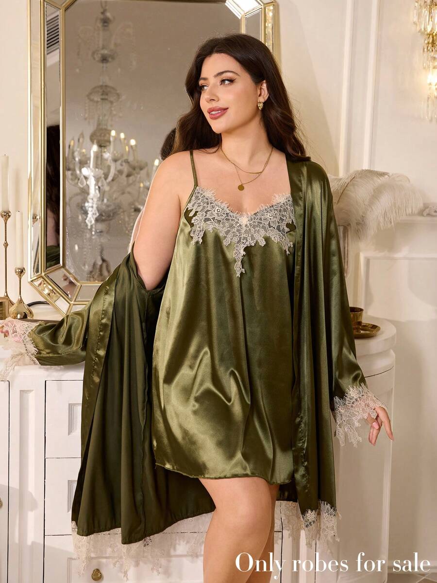 MuseNap CURVE Plus Size Faux Silk & Lace Trim Robe - Dark Green - View 1