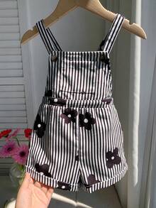 SHEIN LMoss Kids 女嬰編織條紋花卉印花吊帶連身褲 - 黑與白 - 查看 3