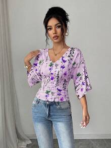 Rafferiza Women's Spring/Autumn Fashion Vacation Party Ditsy Floral Small Flower Short Sleeve Fitted Waist Ruched T-Shirt - Purple - View 6