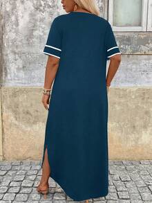 Breezaya Plus Size Vacation Casual Color Block Striped Dress - Royal Blue - View 2
