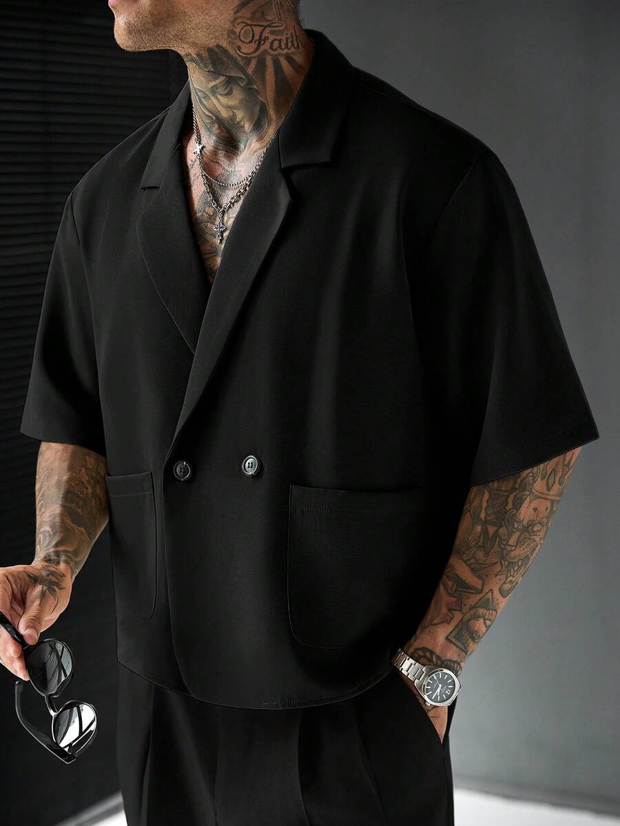 SLATEMANN 男士舒適純色短袖襯衫,簡約大翻領配2顆鈕扣,適合正式或休閒場合、休閒度假、聚會、簡約辦公、休閒居家穿著,百搭風格,適合自用或送禮給朋友,熱銷舒適面料襯衫 - 黑色 - 查看 1