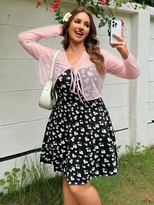 SHEIN EZwear 女款大尺碼秋季花卉印花洋裝與透視開襟衫兩件套，度假風淺粉色黑色性感秋季套裝 - 彩色 - 查看 4