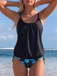Swim Lushoire 女款夏季休閒保守風歐洲度假海灘派對印花粗肩帶比基尼兩件式泳衣套裝 黑色 - 彩色 - 查看 4