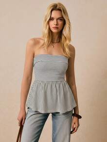 Poéselle Top bandeau con estampado de rayas bajo con fruncido - Blanco y Negro - Ver 5