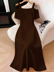 Elenzga Plus Size Women's Solid Color Jinshi Decor Short Sleeve Asymmetric Strap Dress - Brown - View 2