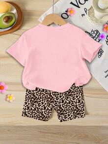Summer Baby Girl Casual Multi-Piece Set, Brown & Apricot Leopard Print Cartoon Rabbit Pattern, Round Neck Short Sleeve T-Shirt & Shorts - Multicolor - View 2