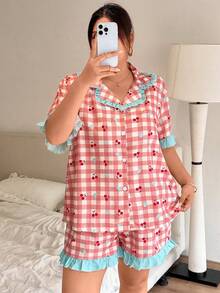 Dream Adore Women's Plus Size Cherry Heart Print Short Sleeve & Shorts Pajama Set, Ruffle Trim, Cute Style, Summer Season, Suitable For Home And Outdoor Wear - Pink - View 1