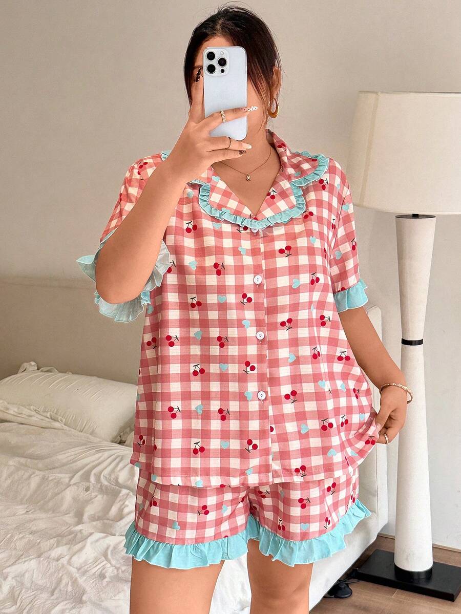 Dream Adore Women's Plus Size Cherry Heart Print Short Sleeve & Shorts Pajama Set, Ruffle Trim, Cute Style, Summer Season, Suitable For Home And Outdoor Wear - Pink - View 1