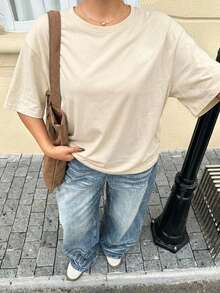 Dazy Plus 女款寬鬆大尺碼棕色休閒短袖T恤，字母印花圖案與圓領，春/夏 - 杏色 - 查看 6