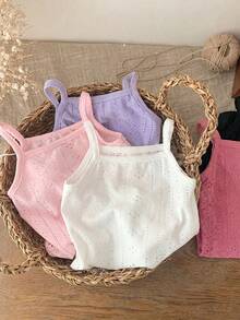 SHEIN LMoss Kids Newborn Baby Girl Summer Cute Knit Solid Color Strap Camisole 5pcs/Set - Hot Pink - View 5