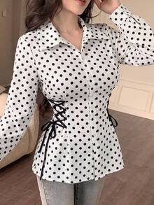 Modelyn 女款圓點領結設計休閒百搭日常出遊襯衫 - 黑與白 - 查看 6