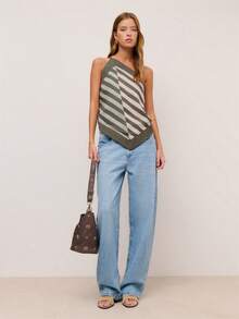 Nöista Striped Halter Top Featuring Adjustable Straps And A Bow Tie Back, Perfect For Summer, Fall, Vacation, Beach And Party Looks, Festival Looks - Olive Green - View 3