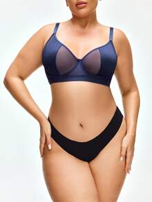 SHAPORA Curve Lingerie 日常穿着简约网眼拼接大码钢圈文胸，海军蓝 - 藏蓝色 - 查看 4