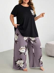 SHEIN CURVE+ Große Größen bedrucktes Kurzarm-Langhose-Pyjama-Set, Outfits - Verschiedenfarbig - Übersicht 5