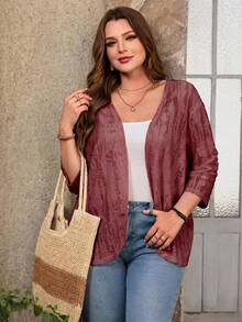 EMERY ROSE Plus Size Vacation Outfits Woman Solid Color Asymmetric Hem Casual Resort CostumeJacket Fall - Burgundy - View 4