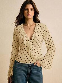 Poéselle Women's Polka Dot Pattern Patchwork Ruffle Long Sleeve Blouse - Light Yellow - View 2