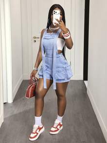 BamGleam Women's Casual Denim Overall Shorts With Pockets For Daily Outings - Blue - View 7