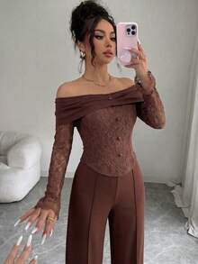 Modelyn French Style Off-Shoulder Square Neck Lace Patchwork Asymmetrical Long Sleeve Cropped Top & Wide Leg Trousers Women's High-End Elegant Slimming Suit Set - Brown - View 5