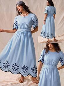 Nubod Women's Plus Size Blue Striped Long Dress, Round Neck, Half Sleeve, Placed Print, Cinched Waist, Large A-Line, Ruffle Hem, Exquisite Elegant, Suitable For Bestie Party, Afternoon Tea, Commute, Street, Daily Casual, Beach, Seaside Vacation, Blue Women's Plus Size Long Dress - Multicolor - View 1