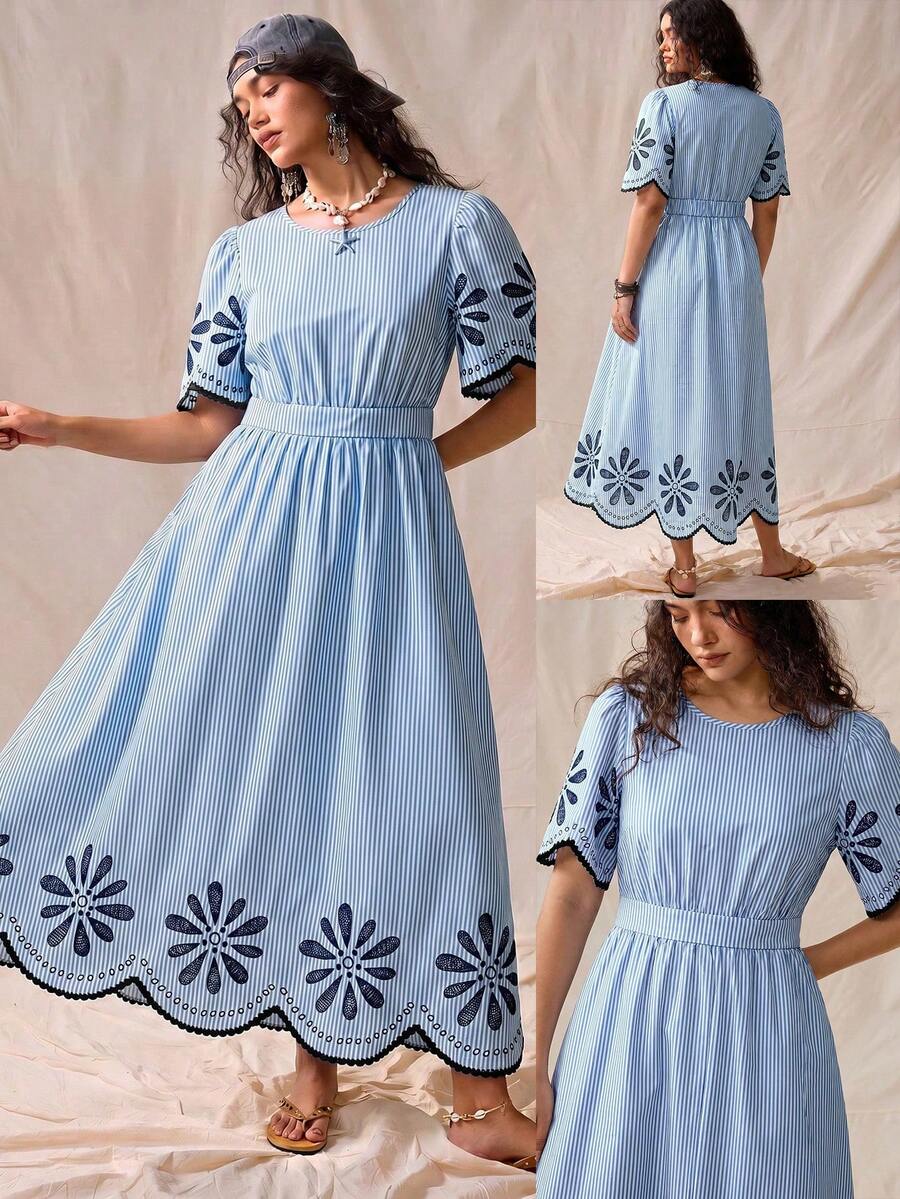 Nubod Women's Plus Size Blue Striped Long Dress, Round Neck, Half Sleeve, Placed Print, Cinched Waist, Large A-Line, Ruffle Hem, Exquisite Elegant, Suitable For Bestie Party, Afternoon Tea, Commute, Street, Daily Casual, Beach, Seaside Vacation, Blue Women's Plus Size Long Dress - Multicolor - View 1
