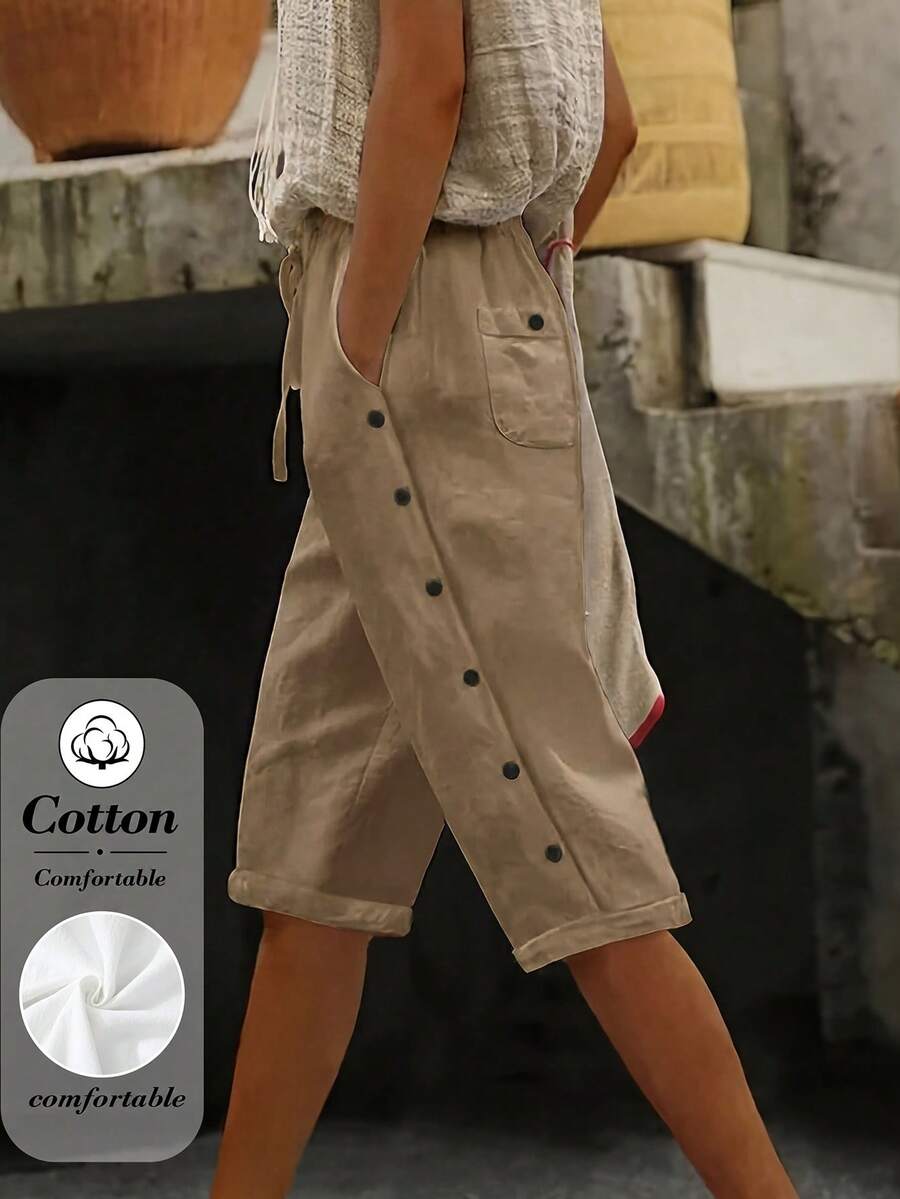 EMERY ROSE Women's Drawstring Waist Pocket Casual Versatile Everyday Outing Shorts - Brown - View 1