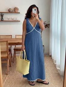 Enliva Plus-Size Women's Sleeveless Color Block Midi Dress Chic Summer Vacation Casual, For Apple And Rounded Body Shape - Blue - View 6