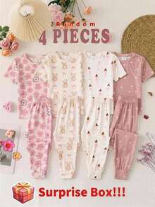 SHEIN Kids Tween Girl Casual Minimalist Fitted Comfortable Crew Neck Short Sleeve Long Pants Loungewear Set, Suitable For Spring And Summer, Snug Fit, 4pcs/Set, Sweet Cute Heart Print, Floral Print - Multicolor - View 6
