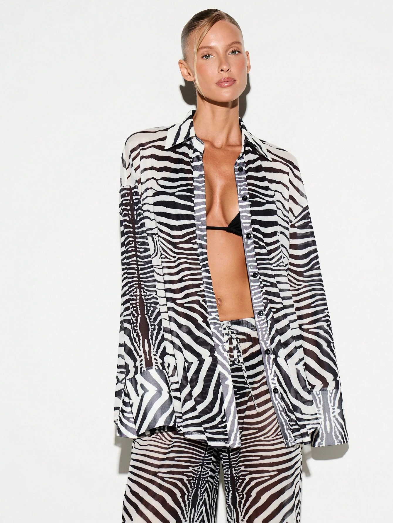 Zebra Print Sheer Mesh Shirt With Bell Sleeves