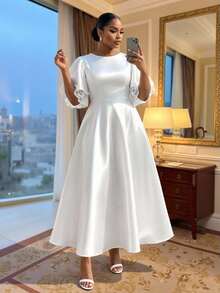 SHEIN Lady CURVE Plus Size Solid Color Round Neck Lace Patchwork Elegant Long Summer Dress Bridal Wedding Guest Formal Cocktail White Evening Party Wedding - White - View 6