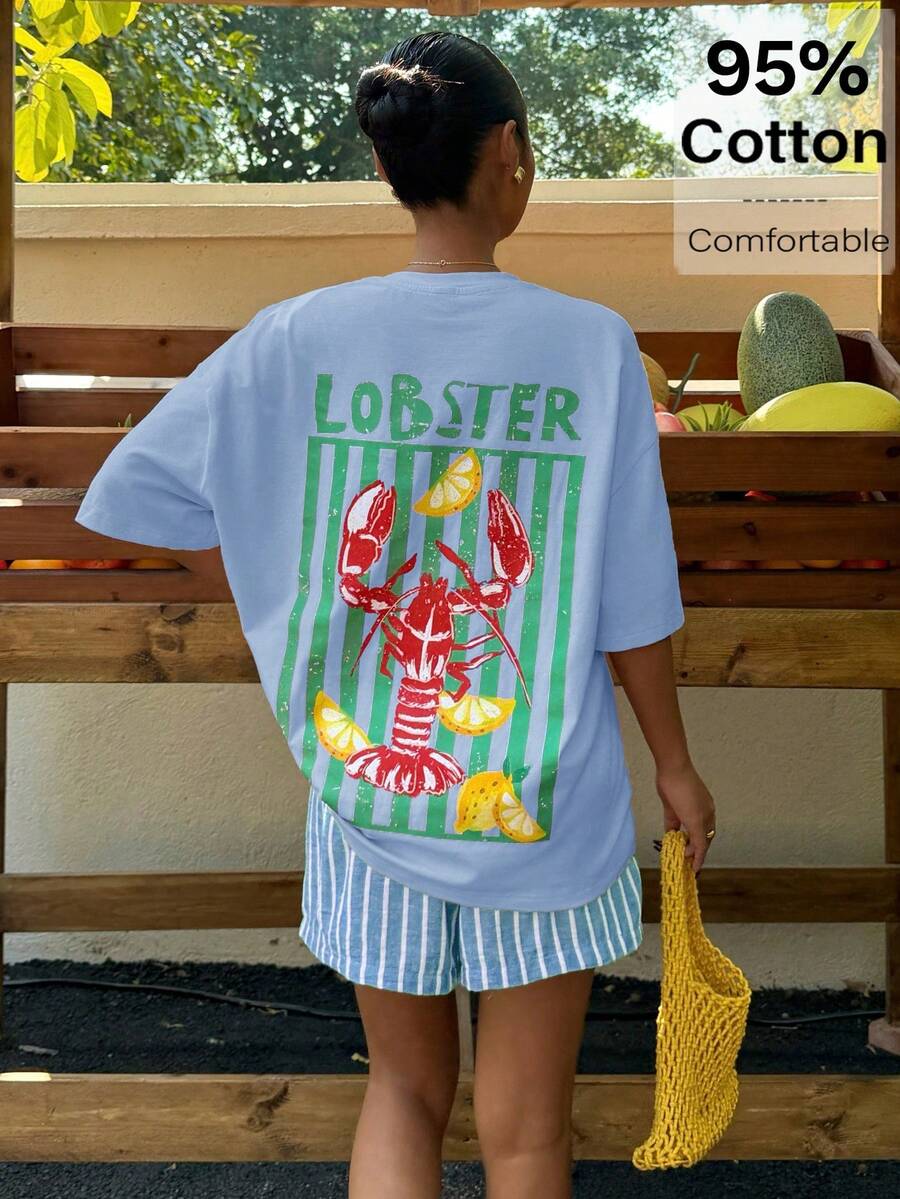 Muchica 淺藍色與白色條紋字母龍蝦印花落肩袖T恤與短褲休閒歐式街頭風度假套裝夏季 - 淺藍色 - 查看 1