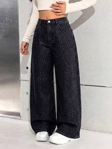SHEIN Girls' Leopard Print Loose Wide Leg Denim Pants Vacation Festival Independence Day Leopard Print - Multicolor - View 9